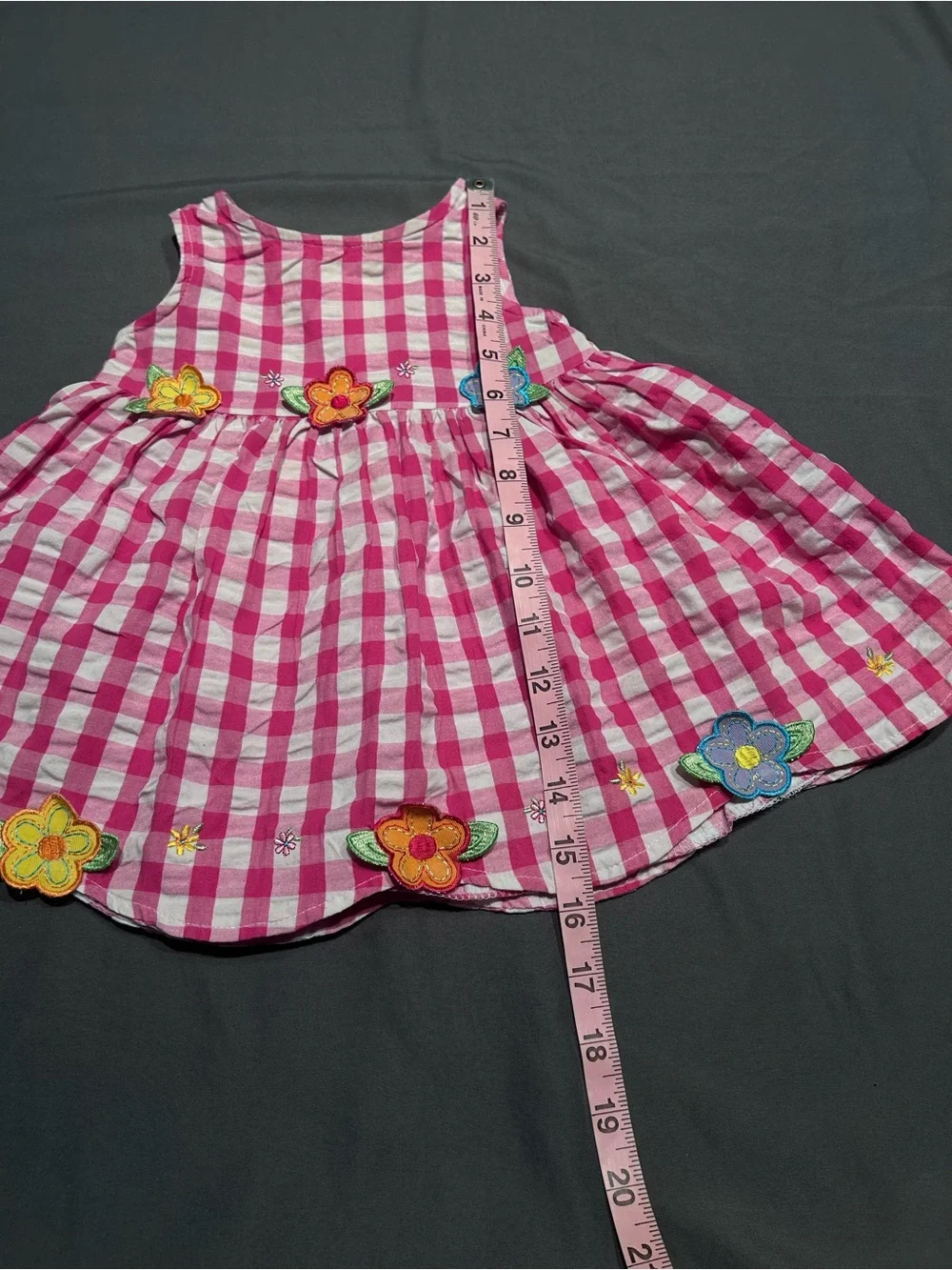 Youngland Pink & White Gingham Sleeveless Dress with Flower Details